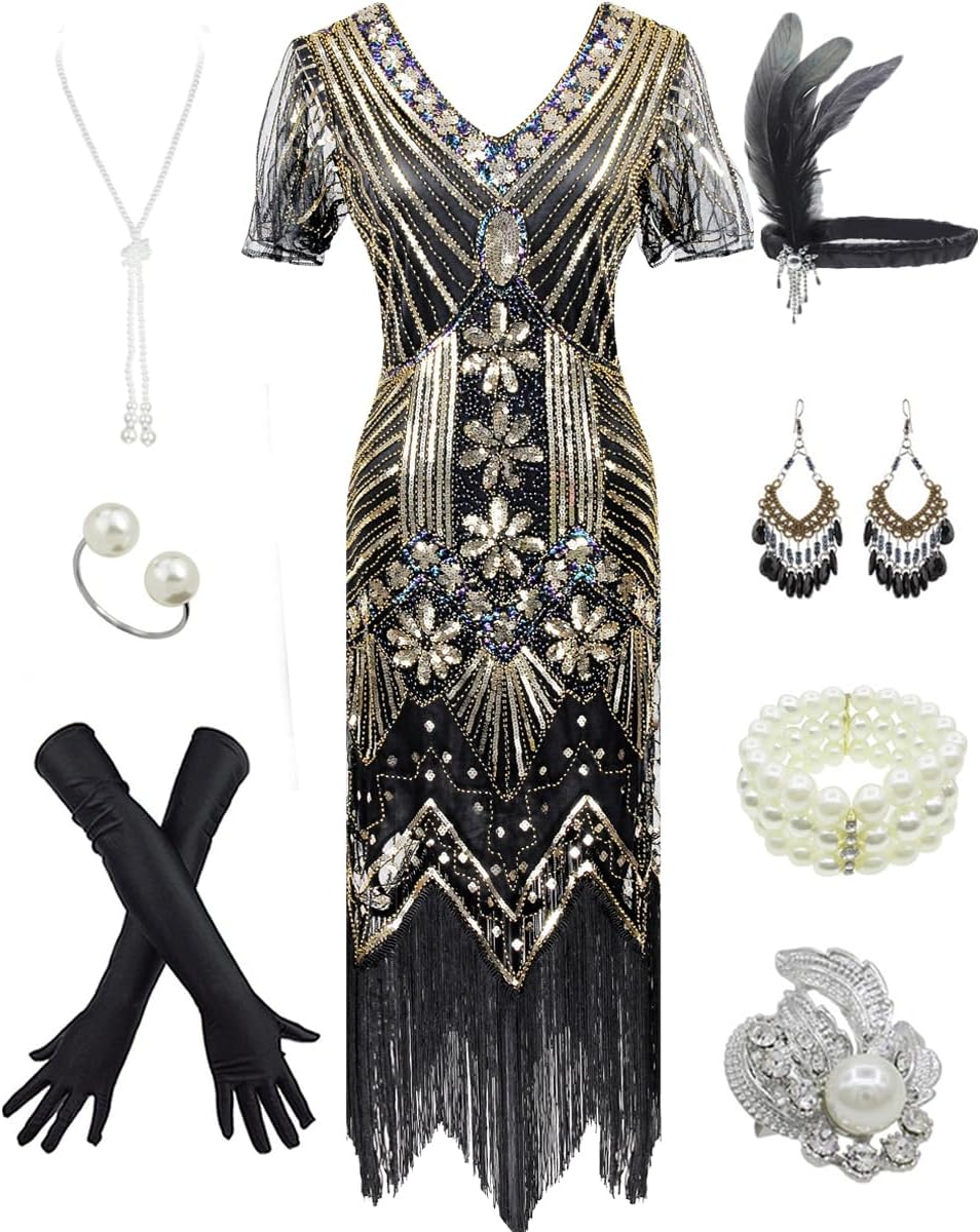 Women's 1920s Gatsby Inspired Sequin Beads Long Fringe Flapper Dress w/Accessori...