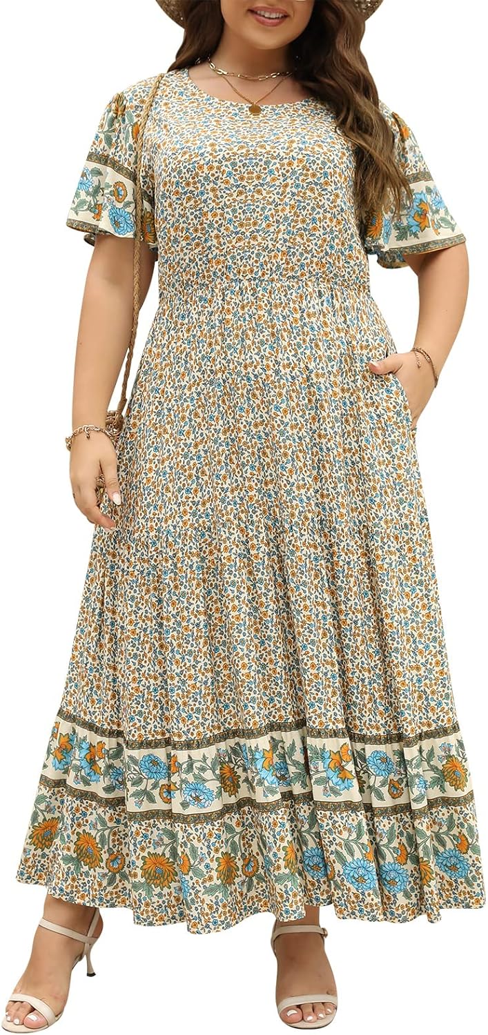 Nemidor Womens Plus Size Boho Ditsy Floral Print Casual Layered Flared Maxi Dres...