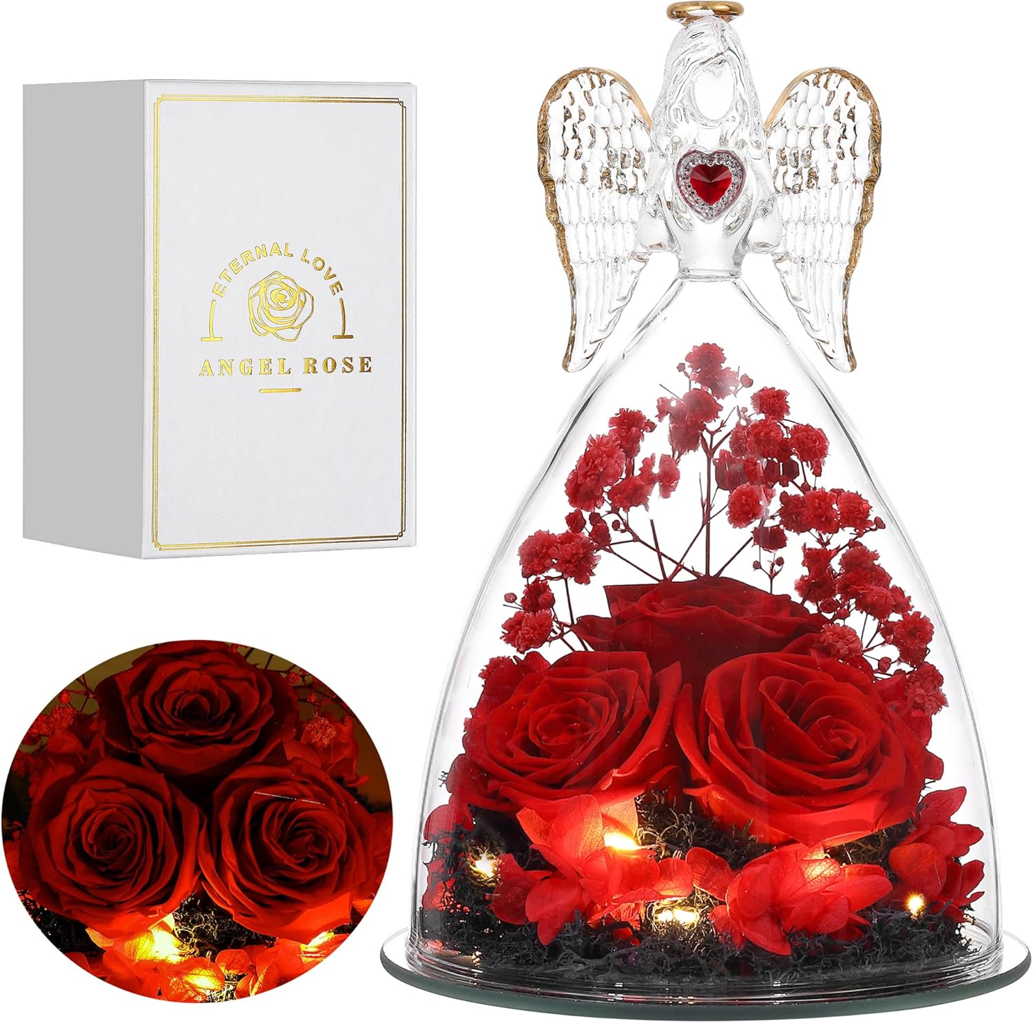 Mothers Day Rose Gifts, Large Angel Figurines with Real Roses, Preserved Real Fl...