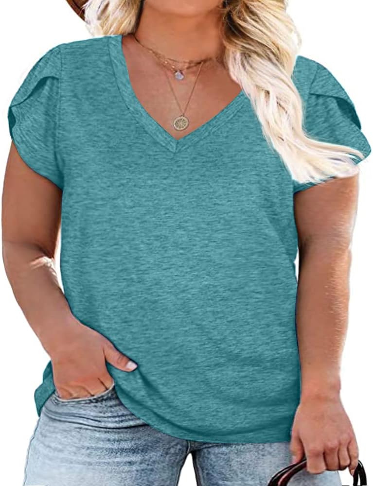 Womens Plus Size Tops V Neck T Shirts Casual Loose Petal Sleeve Tee Shirts X-Lar...
