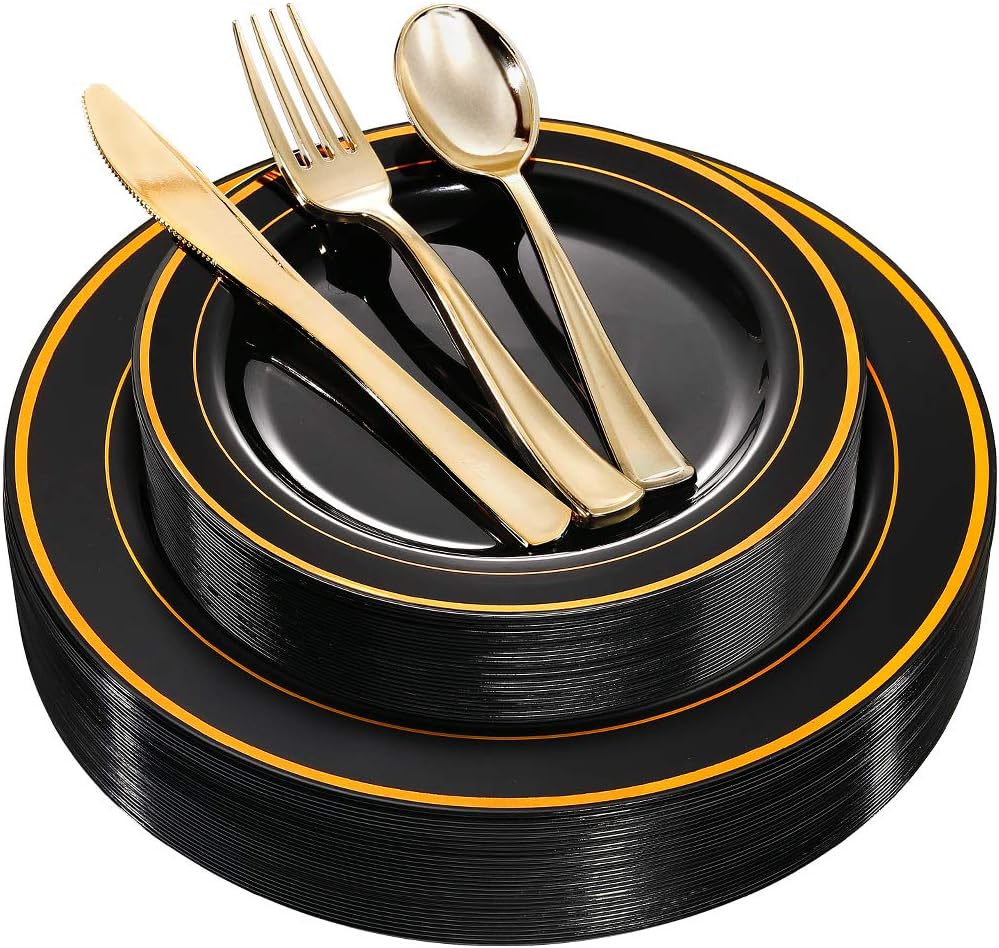 WDF 125Pieces Black Plastic Plates with Gold Rim & Disposable Gold Plastic Silve...