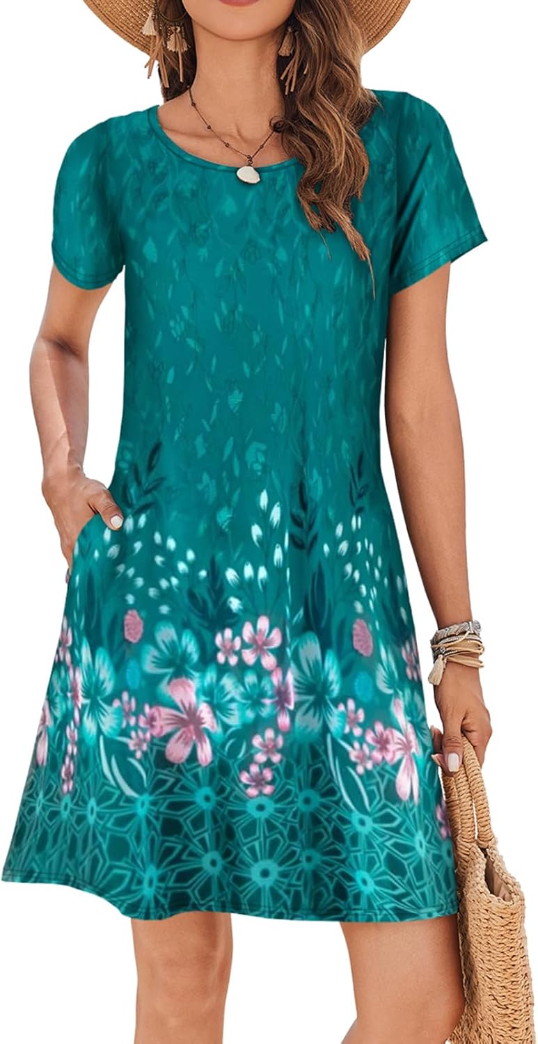 Sherosa Summer Dresses for Women 2024 Beach Floral Sundress Short Sleeve Pockets...