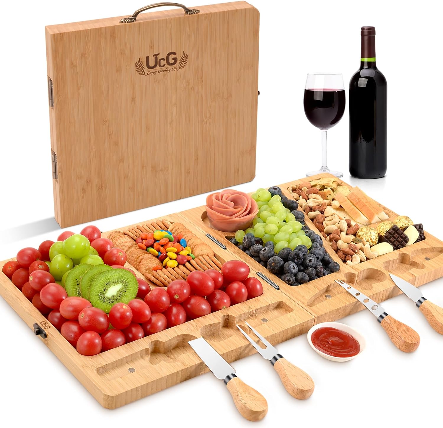 Bamboo Charcuterie Board Set - Large Folding Cheese Board with Knife Set - Uniqu...