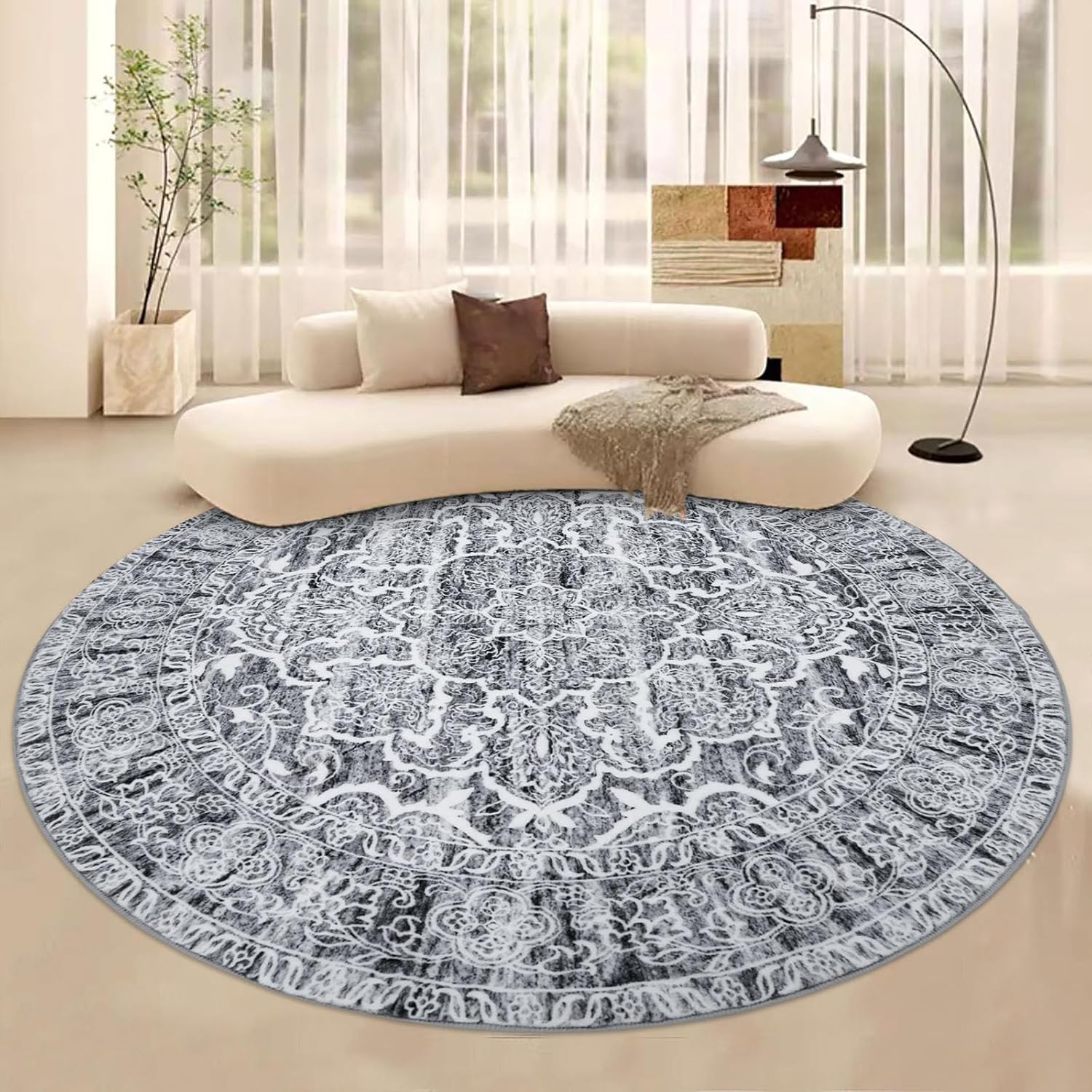 KUTA Oriental Round Rugs 6ft, Grey Blue White Round Carpet Washable Circle Rug 6...