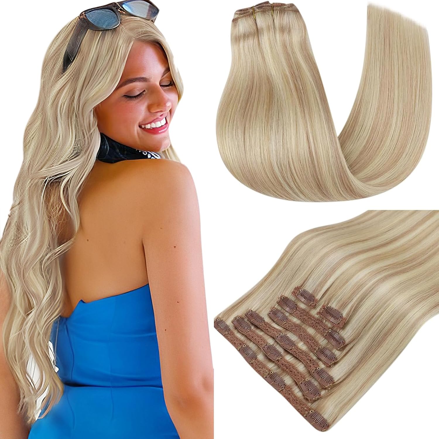 RUNATURE Clip in Real Hair Extensions Blonde Highlights Ash Blonde Human Hair Cl...