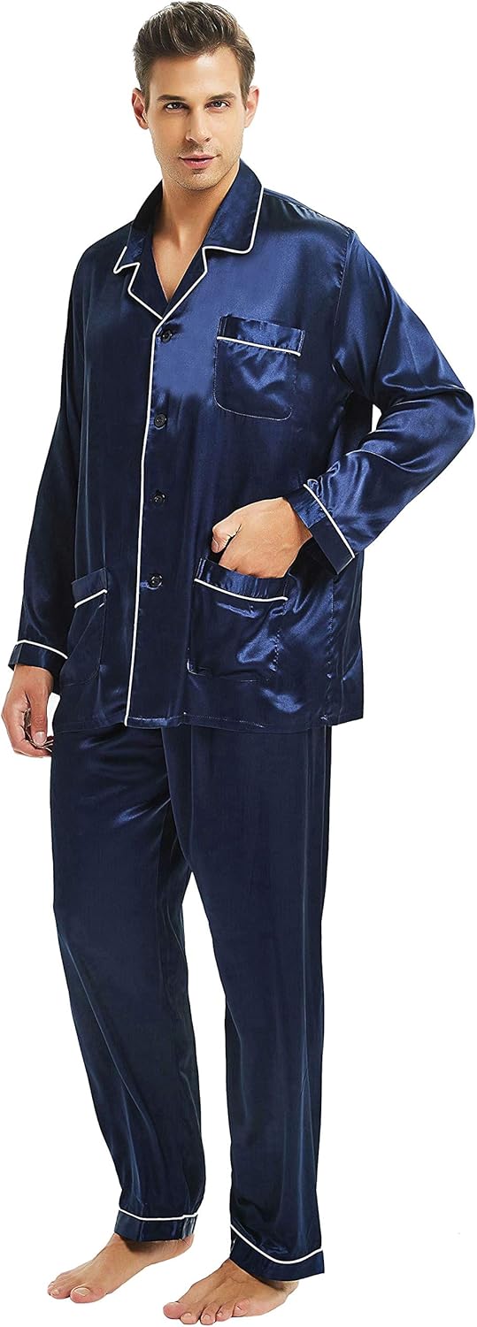 Lonxu Pajamas Set Mens Silk Satin Pajamas Long Sleeve Loungewear Two-Piece Sleep...