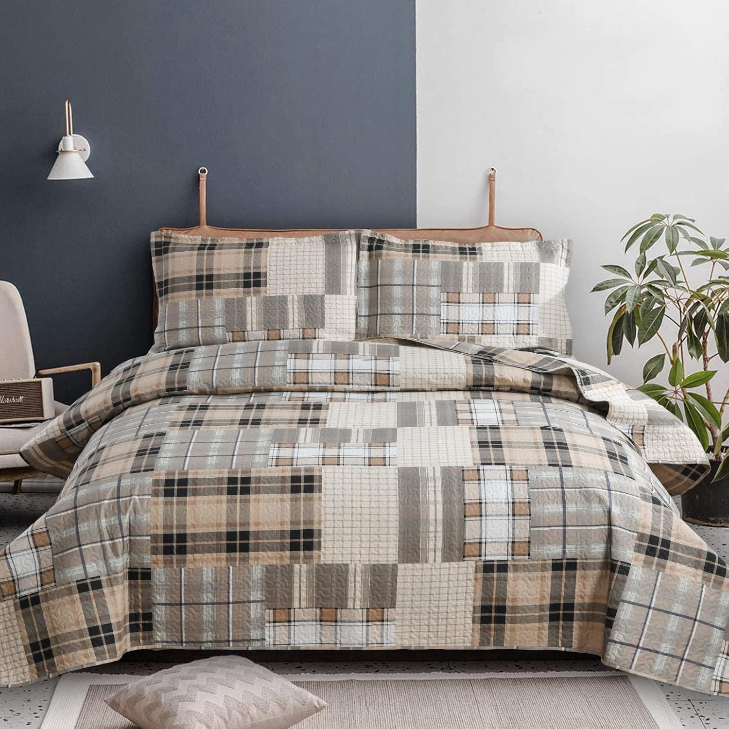 Plaid Bedding Quilt Set King Lightweight Patchwork Bedspread Breathable Microfib...