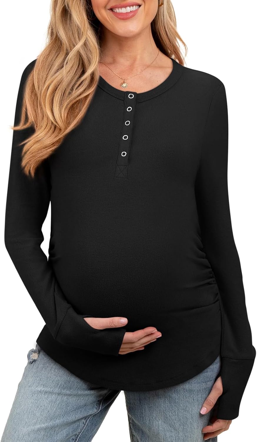 Women's Maternity Shirts Casual Long Sleeve Round Neck Button Side Ruched Pregna...