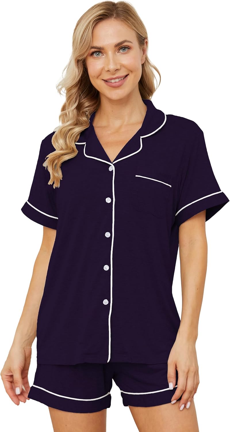 Womens Pajama Sets Short Sleeve Sleepwear Soft Button Down Nightwear Lounge Pj S...