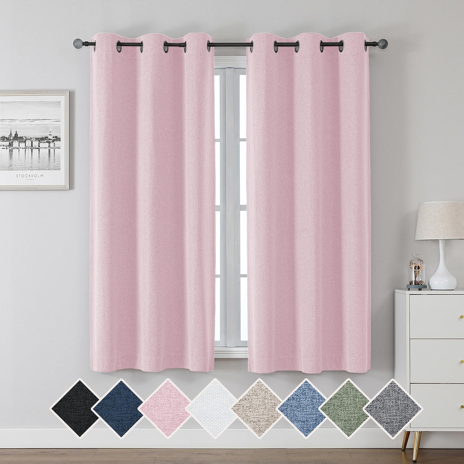 Chyhomenyc Blush Pink Linen Blackout Curtains 63 Inch Length 2 Panels Set, Faux...