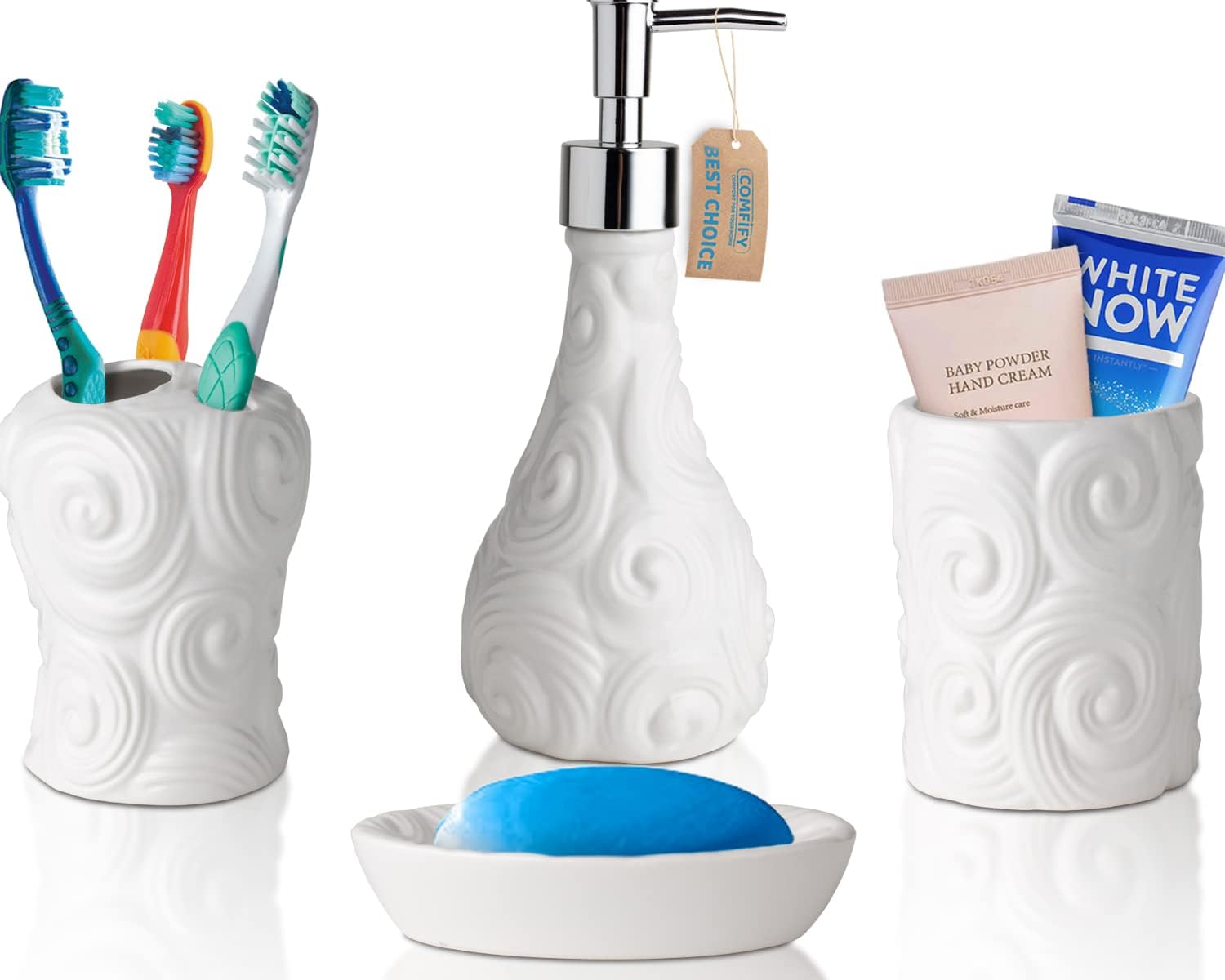 Designer - 4 Piece Bathroom Accessories Set - with Soap or Lotion Dispenser, Too...