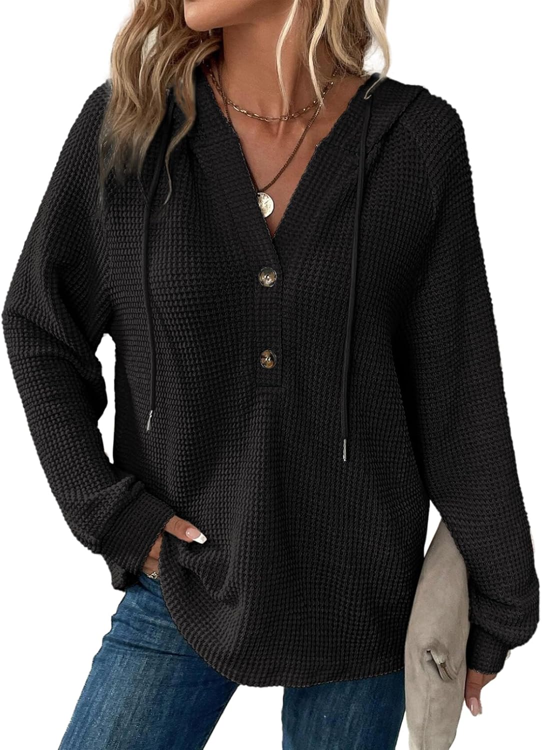Dokotoo Women's Hoodies Waffle Knit Drawstring Button Womens Pullover Sweatshirt...