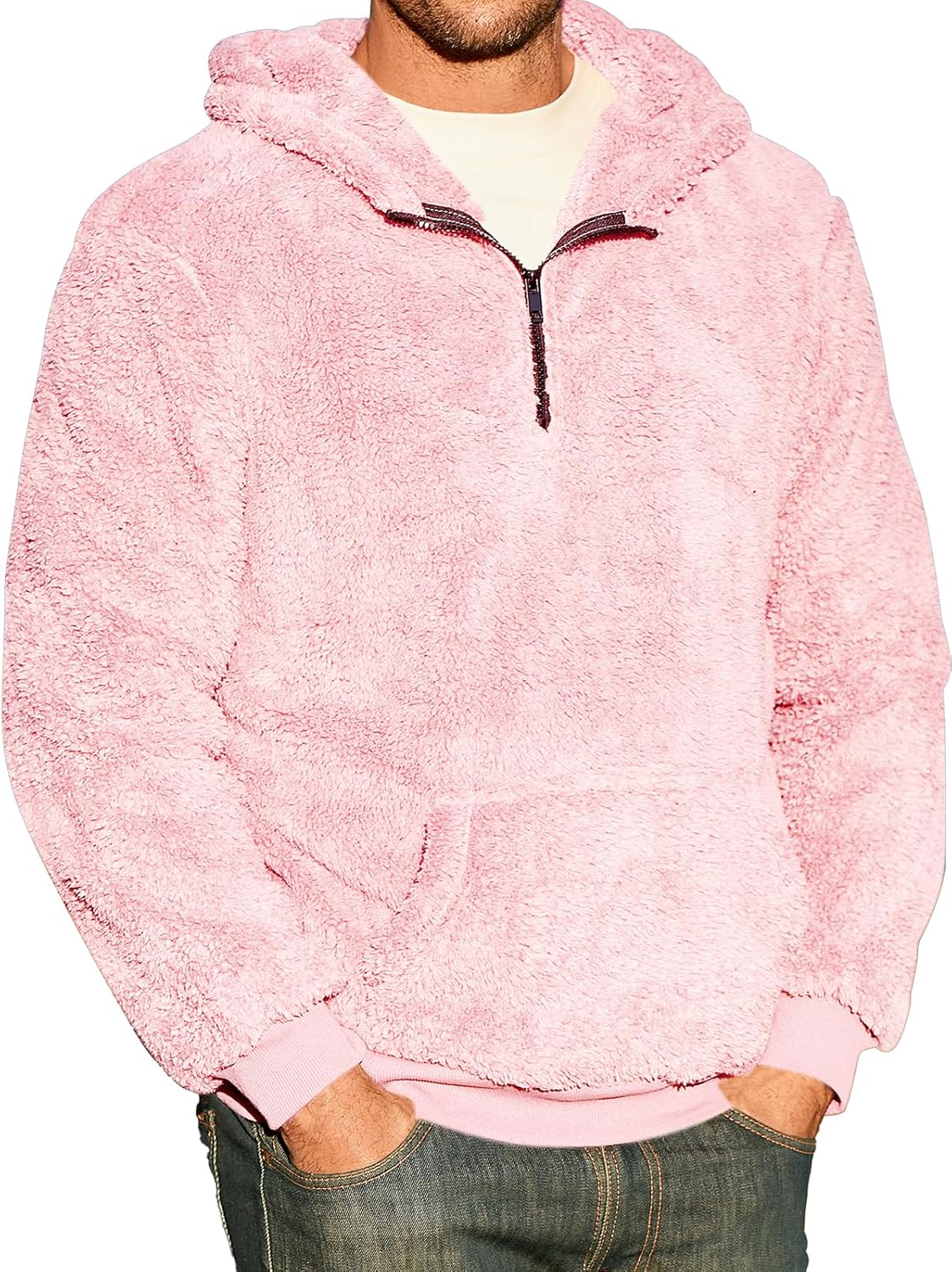Runcati Mens Sherpa Fleece Hoodies Pullover Quarter Zip Casual Hooded Chunky Fal...