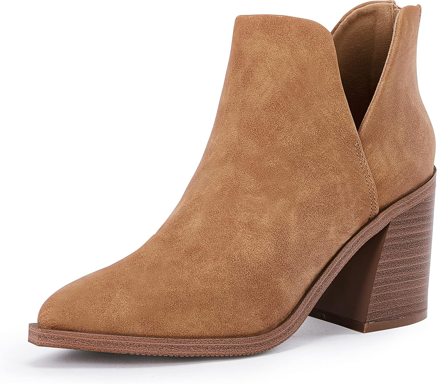 FISACE Womens Pointed Toe Stacked Mid Heel Ankle Boots V Cut Back Zipper Faux Le...