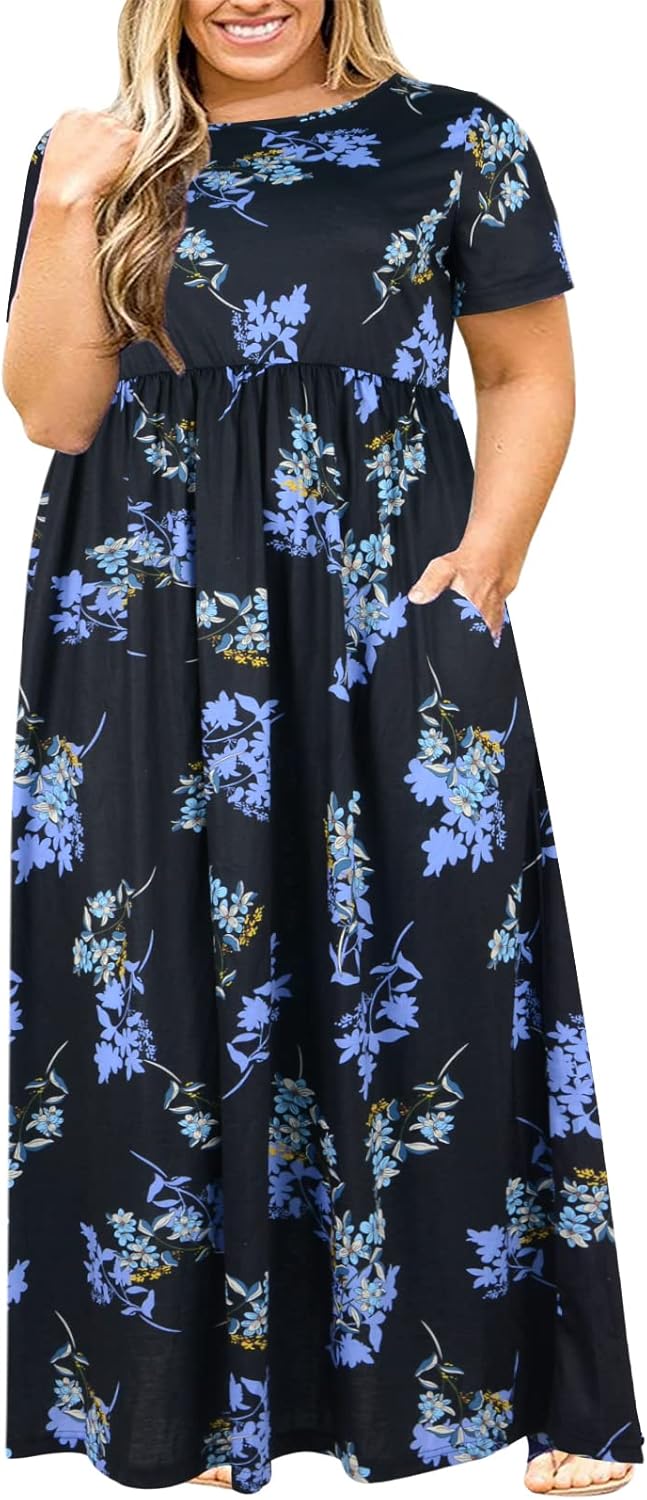 Nemidor Women Short Sleeve Loose Plain Casual Plus Size Long Maxi Dress with Poc...