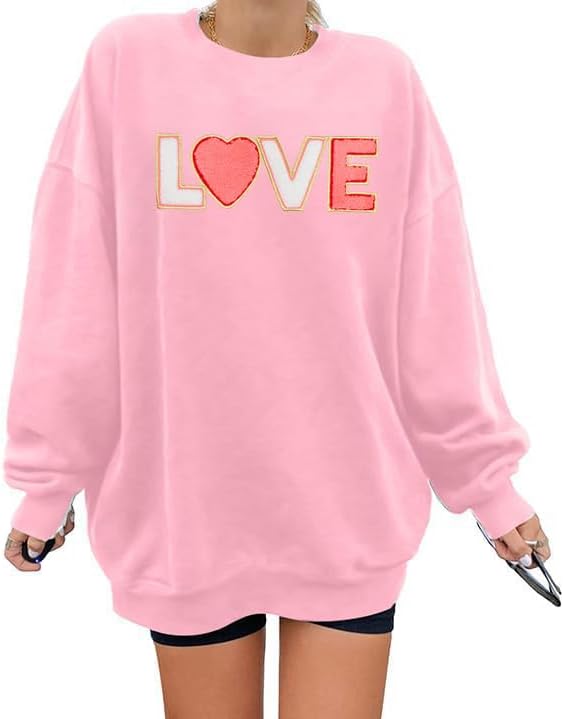 Valentine's Day Sweatshirt Women Glitter Patch Love Heart Long Sleeve Shirt Lett...