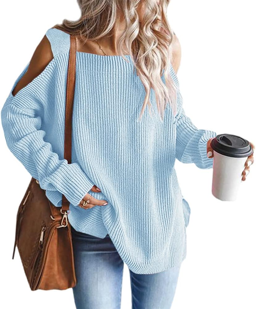 MaQiYa Women's Cold Shoulder Oversized Sweaters Batwing Long Sleeve Square Neck...