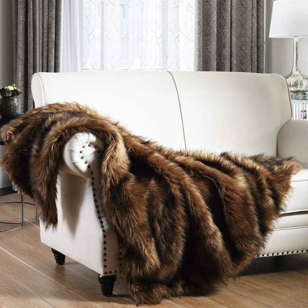 Luxury Plush Faux Fur Throw Blanket, Long Pile Brown with Black Tipped Blanket,...
