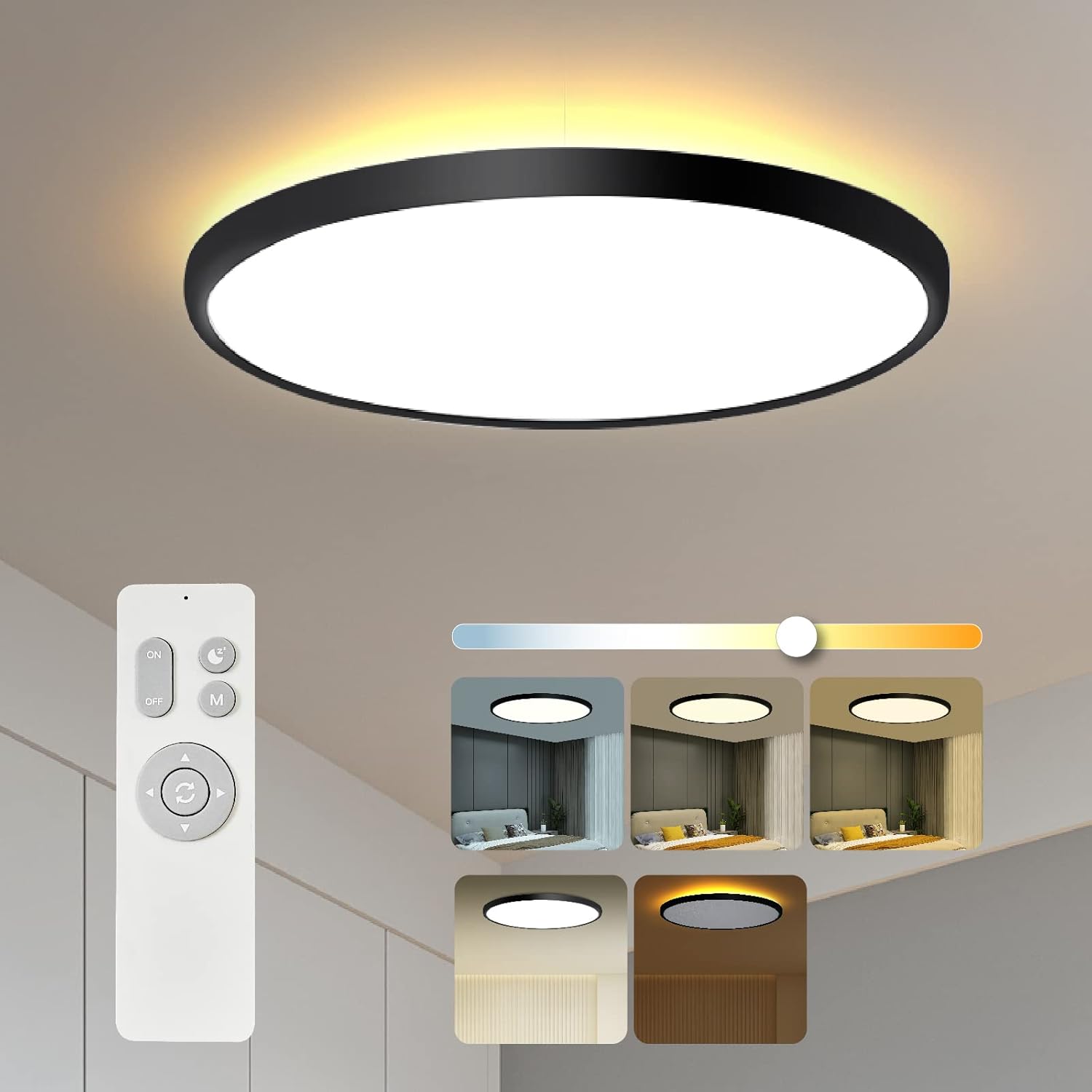 Roomratv Flush Mount Light Fixture with Remote Control, 2000K Night Light Featur...