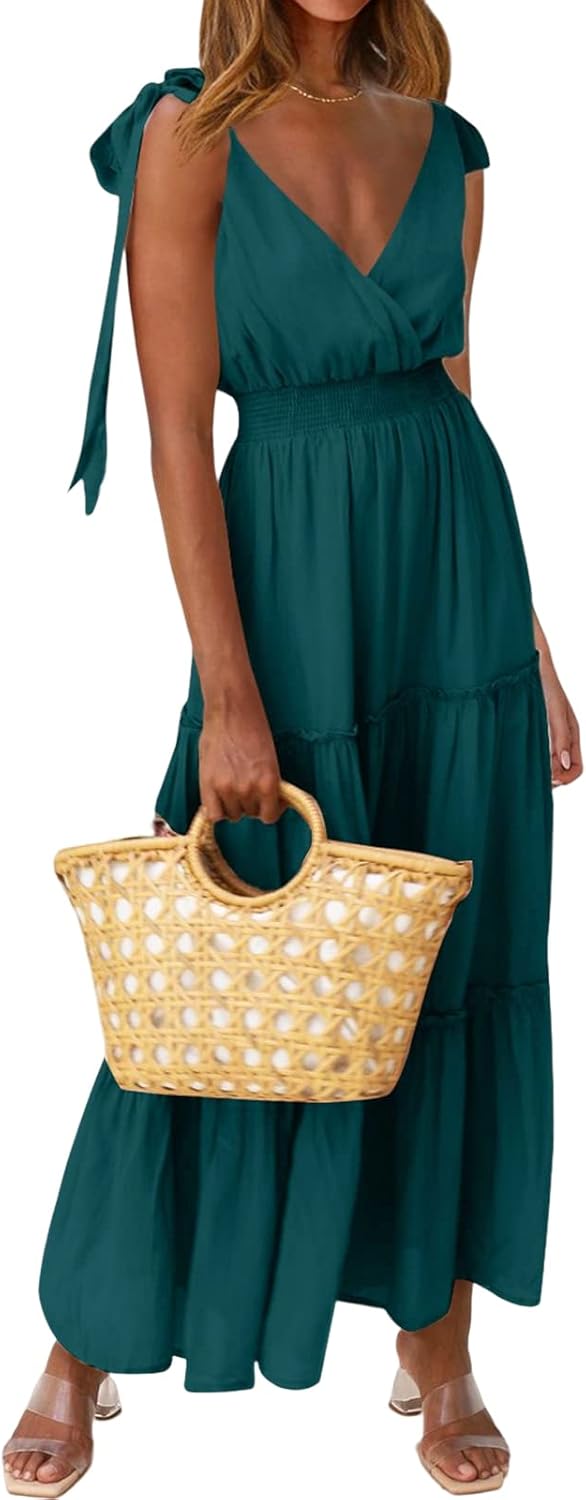 PRETTYGARDEN Women's Cross Neck Summer Sleeveless Tiered Maxi Dress Beach Tie St...