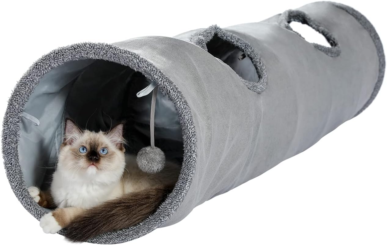 OHANA Collapsible Cat Tunnel Toy in suede, Large cat tunnels for indoor cats rab...