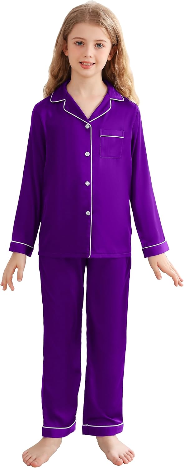 Veseacky Unisex Satin Pajamas Set Boys Girls Silk Pjs for Kids Long Sleeve 2 Pie...