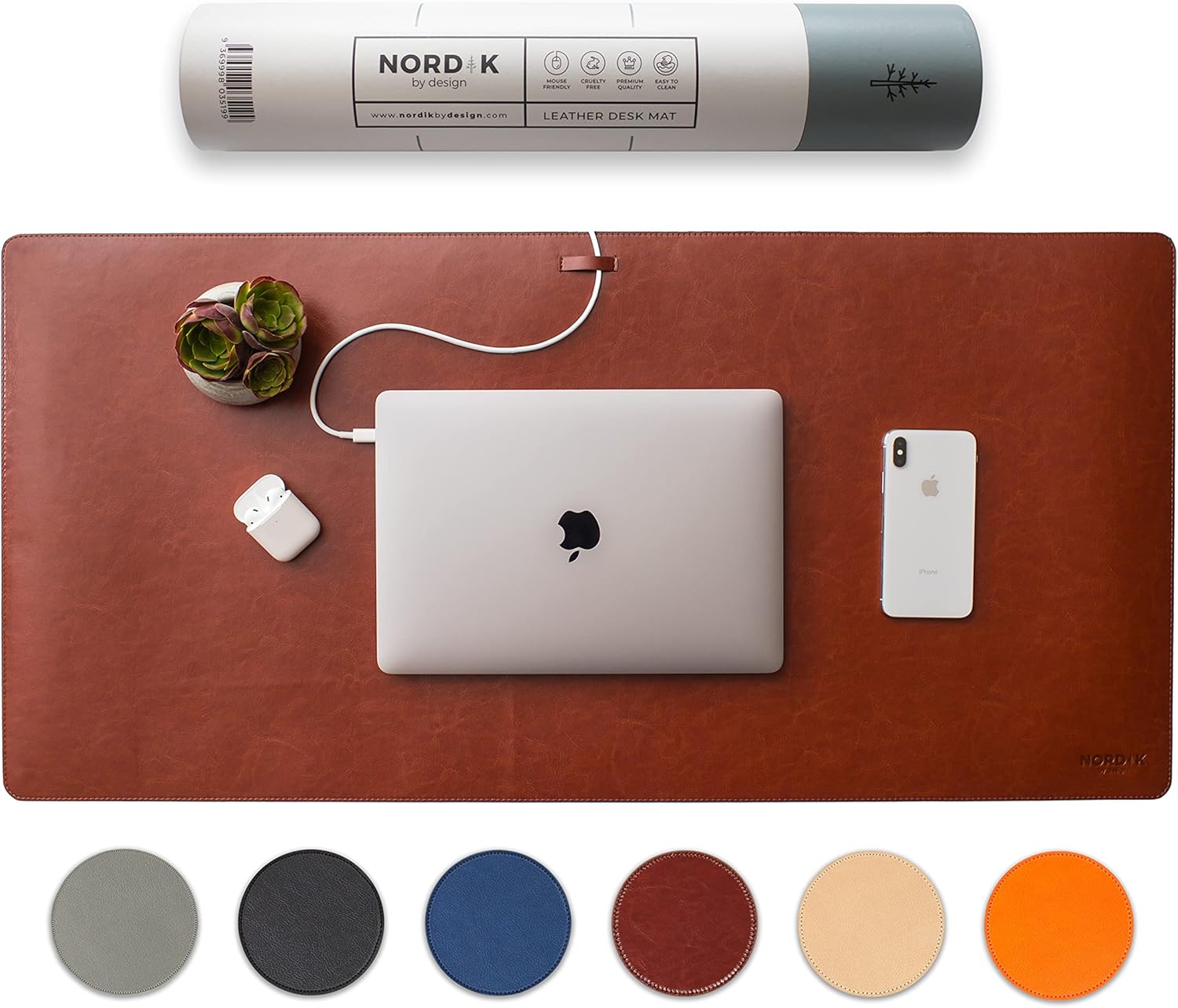 Nordik Leather Desk Mat Cable Organiser (Cognac Brown 89 X 43 cm) Premium Extend...