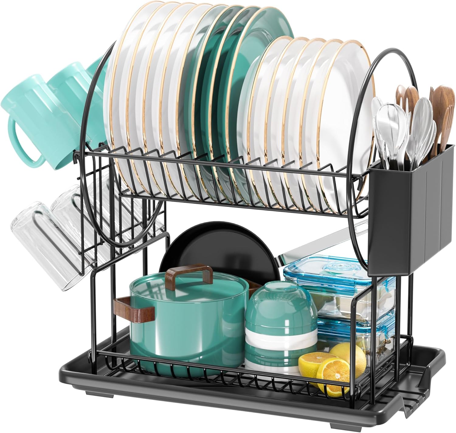 2 Tier Black Dish Drainer Rack with Drip Tray, Stainless Steel Draining Dish dra...