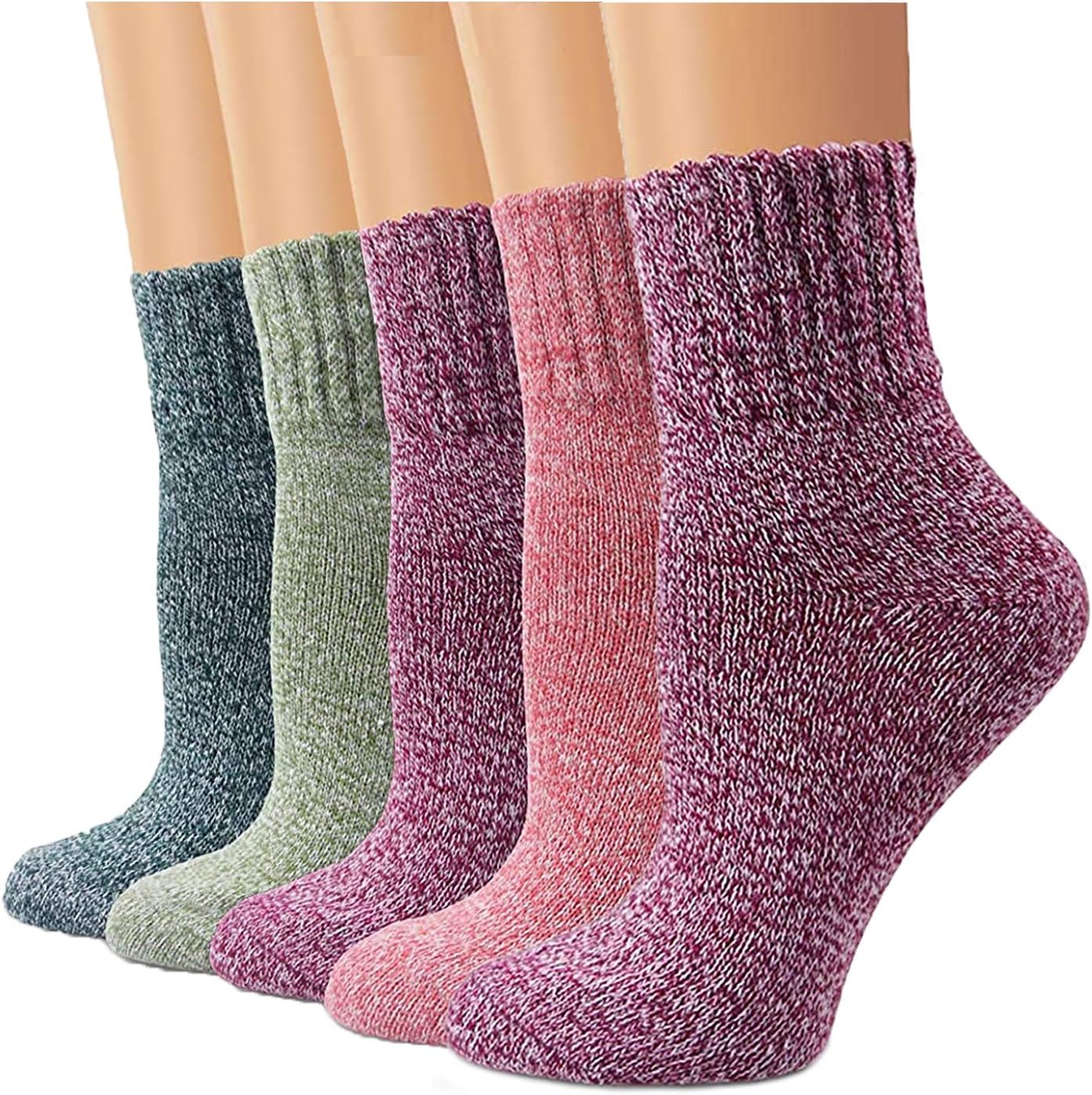 YZKKE 5Pack Womens Vintage Winter Soft Warm Thick Cold Knit Wool Crew Socks, Mul...