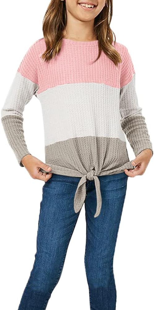Girls Waffle Colorblock Tie Top Long Sleeve Casua T Shirt Knit Tunic 13-14 Years...