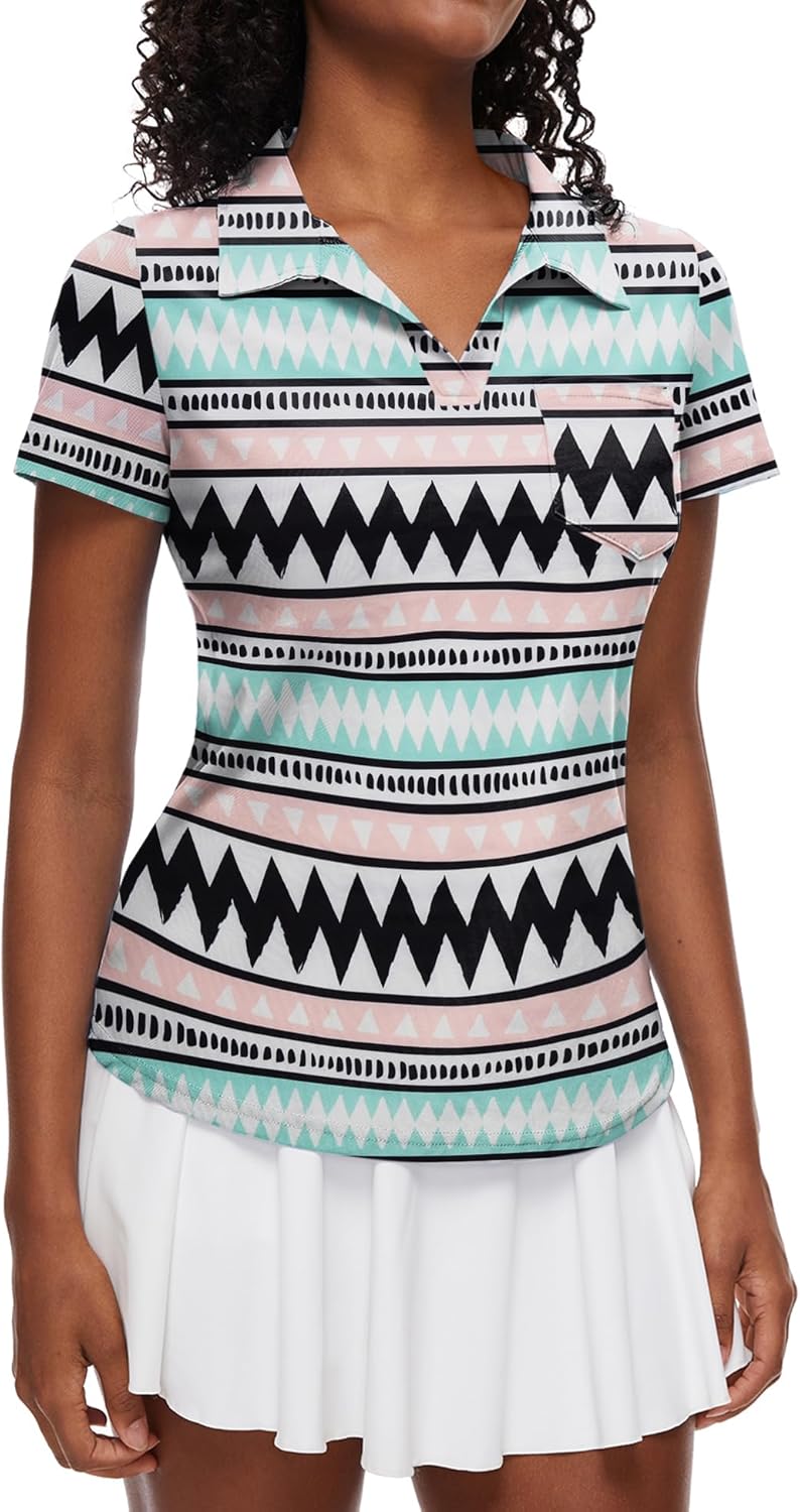Loovoo Womens Golf Shirts Short Sleeve Collared V-Neck Casual Polos Quick Dry Wo...
