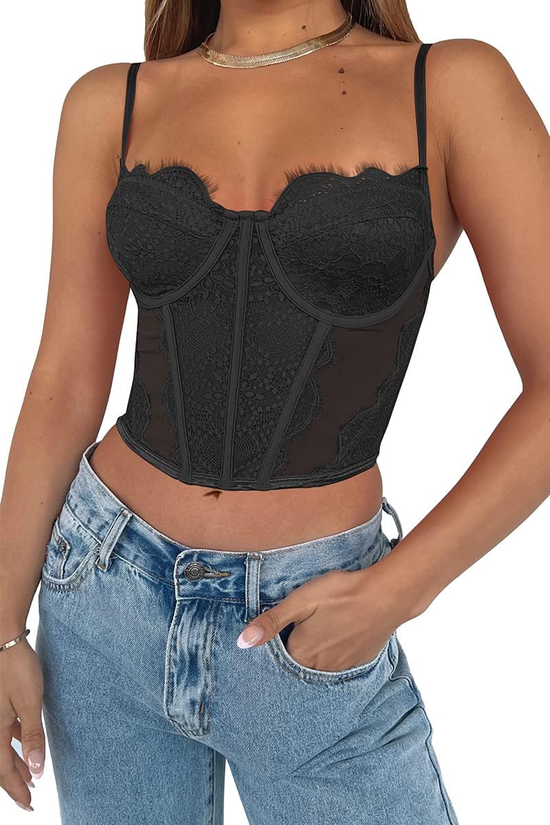 Dealmore Womens Corset Top Going Out Lace Spaghetti Strap Crop Top Y2K Mesh Date...