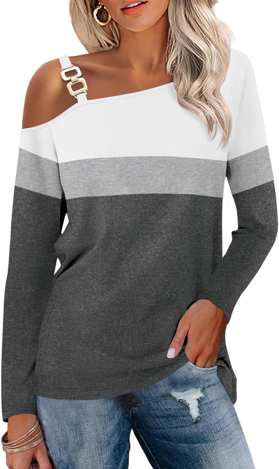 Women's Long Sleeve Tunics Tops Color Block Off Shoulder Tops Casual Shirts Whit...