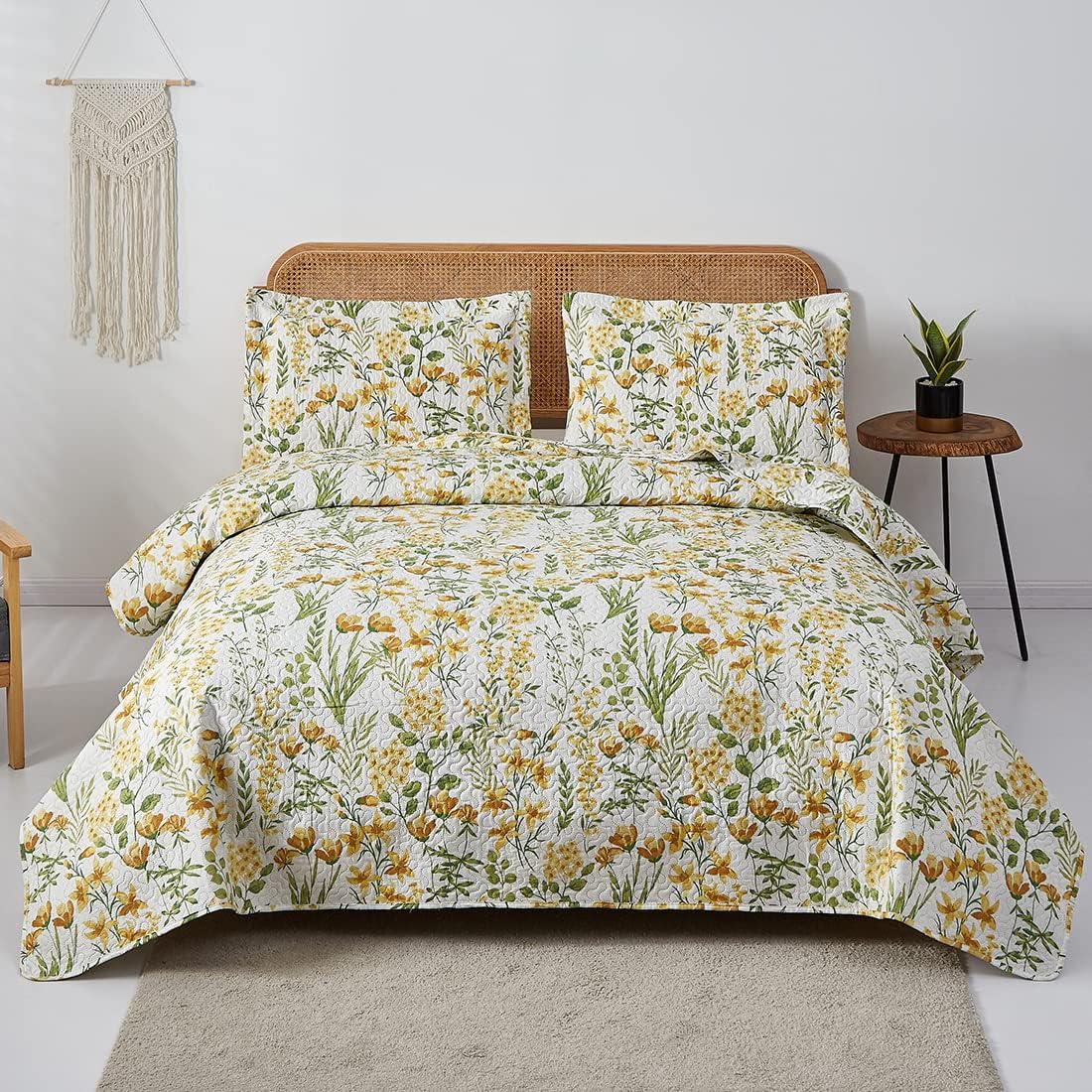 Summer Floral Quilt King Size Lightweight Yellow Green Blossom Bedspread Flowers...