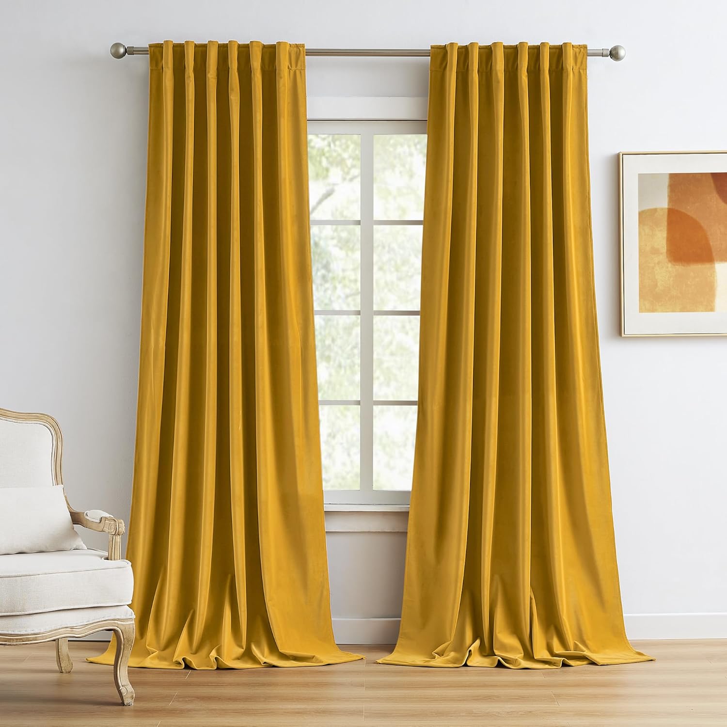 MUMFAS Yellow Velvet Curtains 90 Inches Long, Back Tab Rod Pocket Soundproof Roo...