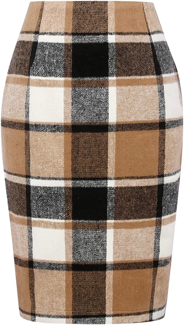 IDEALSANXUN Midi Plaid Skirts for Women 2024 Fall Winter Knee Length Pencil Wool...