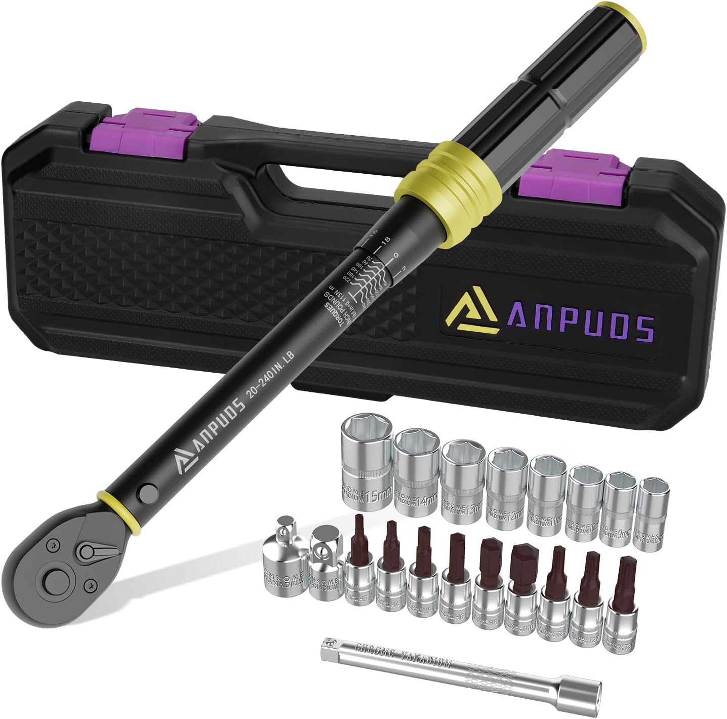 1/4 Inch Drive Click Torque Wrench Set, 20-240in.lb/2.3-27.1Nm, 21pcs Bike Torqu...