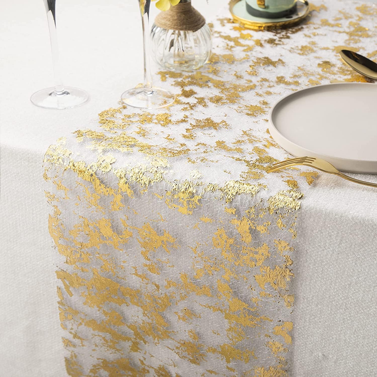 WELTRXE Table Runner, 28cm x 5M Sparkling Polyester Tulle Ribbon Roll with Gold...