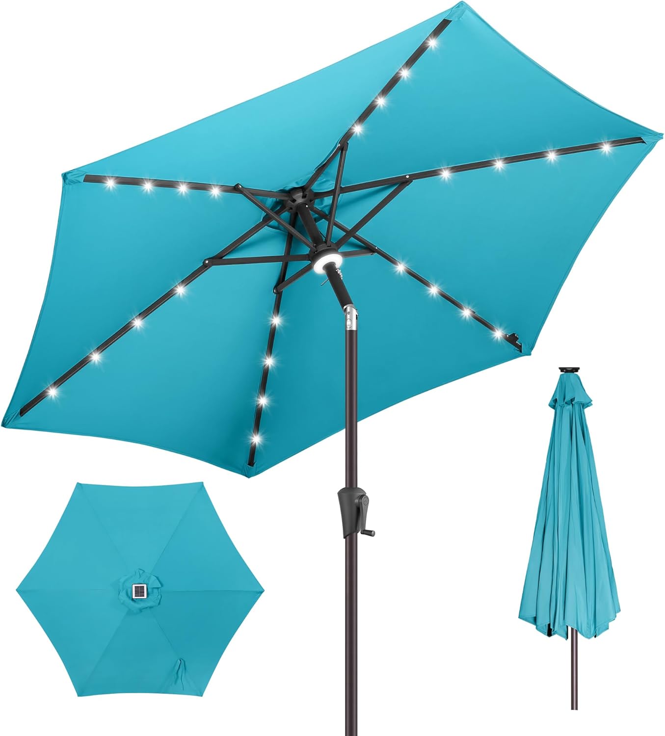 FLAME&SHADE 7.5 ft Solar Powered Outdoor Market Patio Table Umbrella with LED Li...