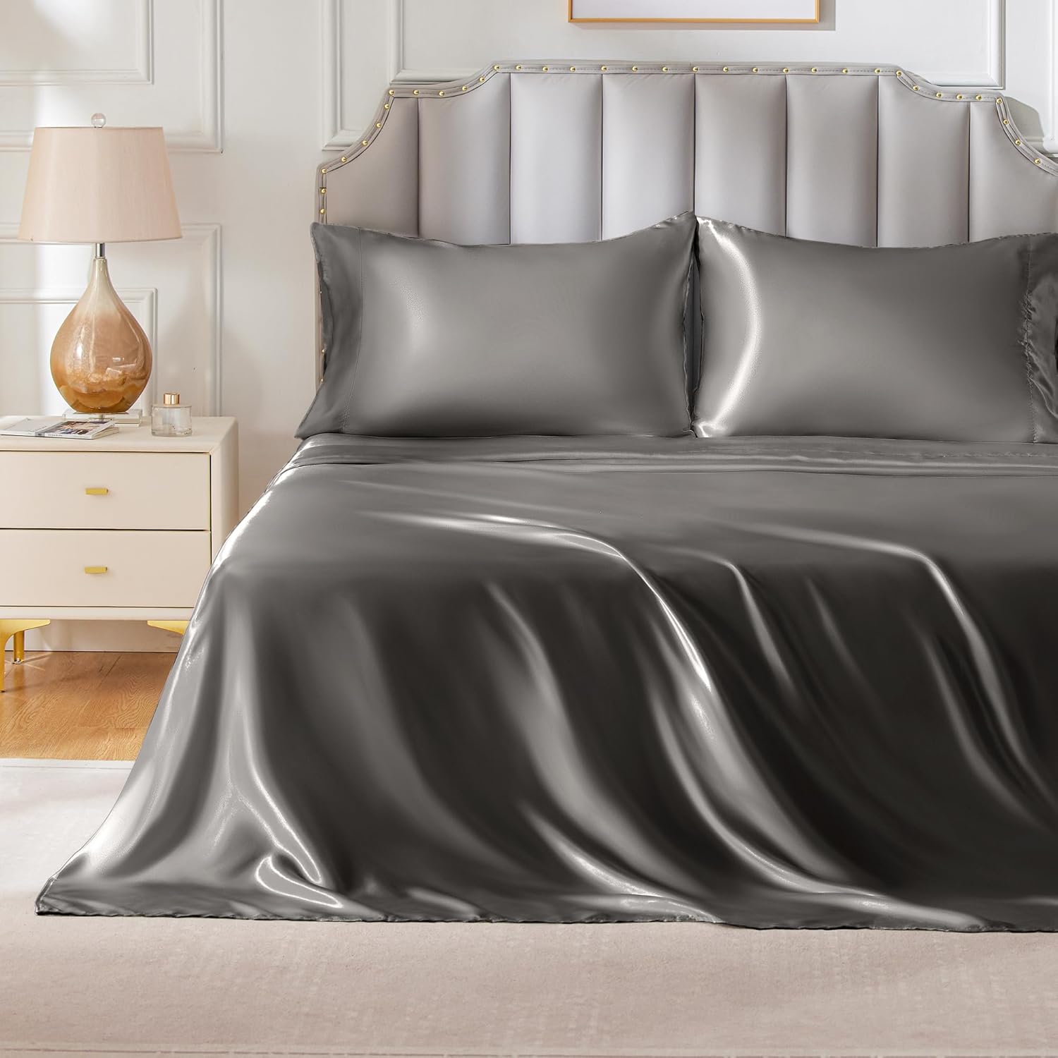 FreshCulture Satin Sheets Queen Size, Silky Soft Satin Bed Sheets, 4 Psc Gunmeta...