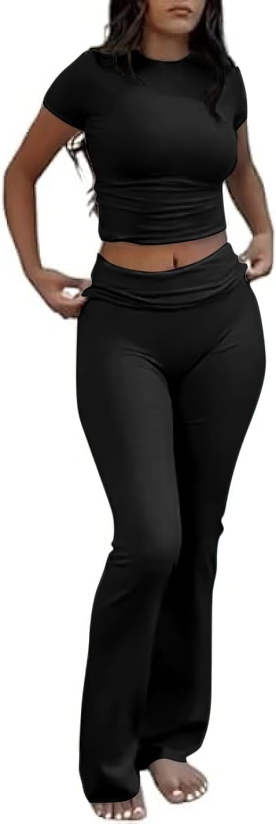Two Piece Lounge Sets for Women Fold Over Flare Pants Short Sleeve Crop Top Y2k...