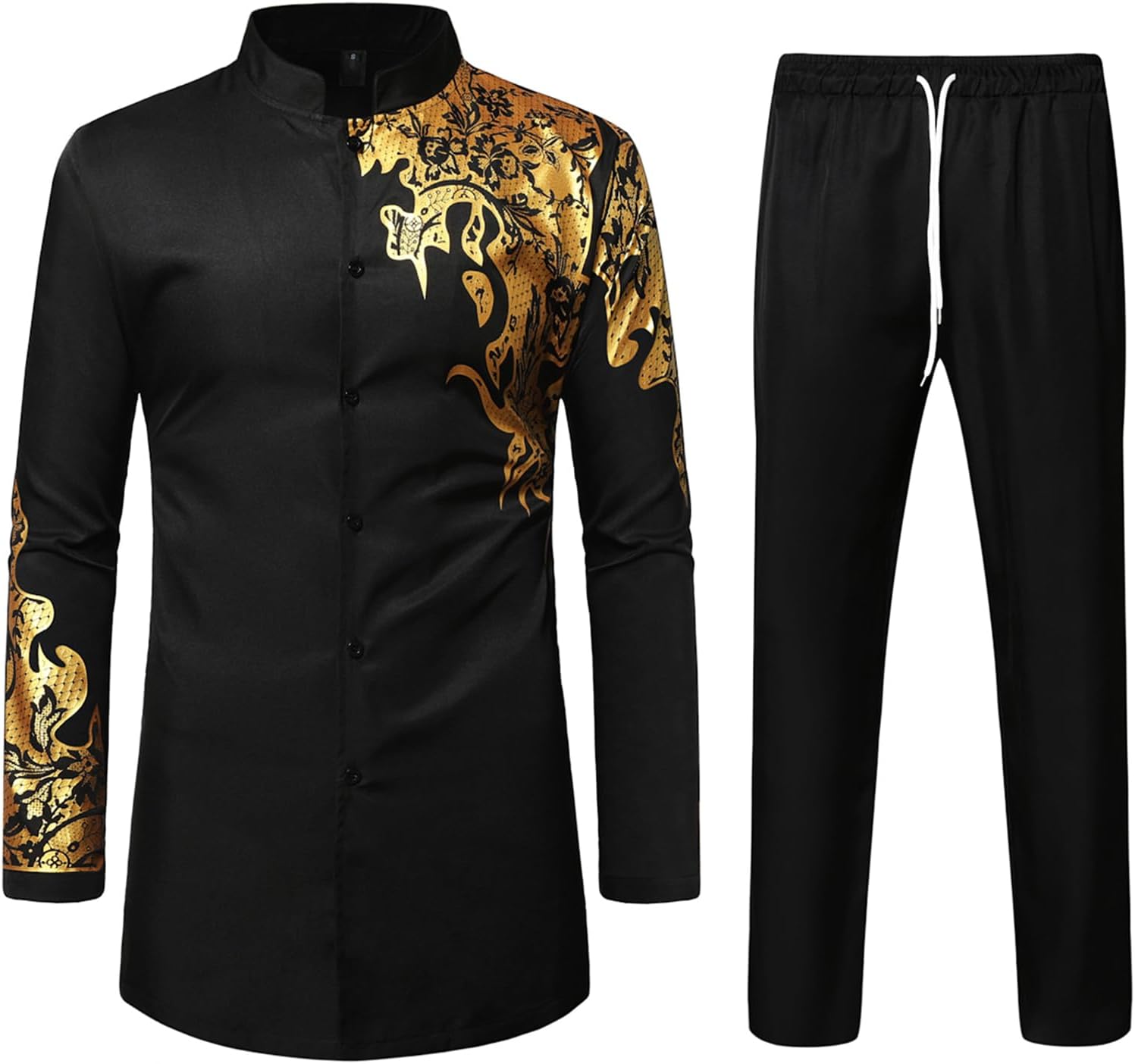 ZEROYAA Men's Traditional Suit Long Sleeve Button up African Dashiki Shirt and P...