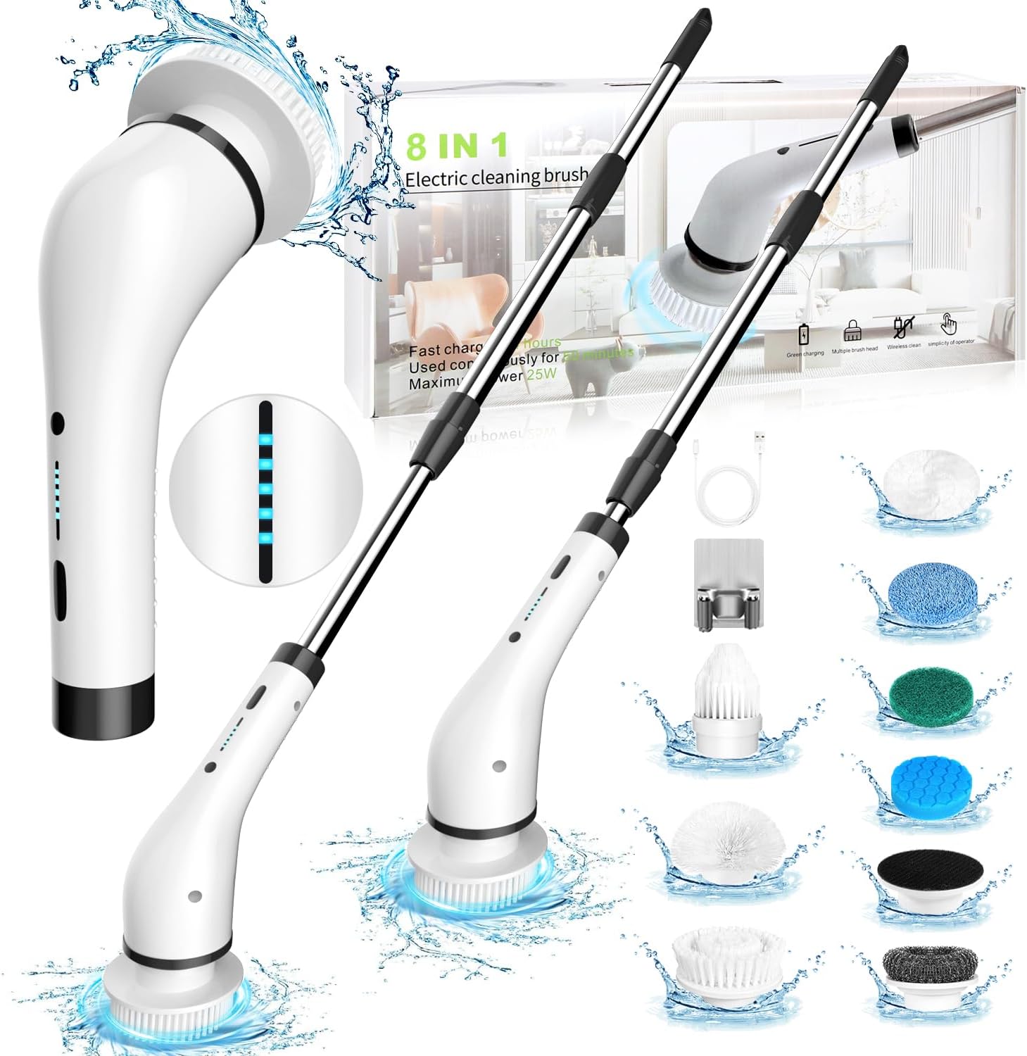 GRUTTI Electric Spin Scrubber, Cordless Shower Scrubber with 8 Replaceable Brush...