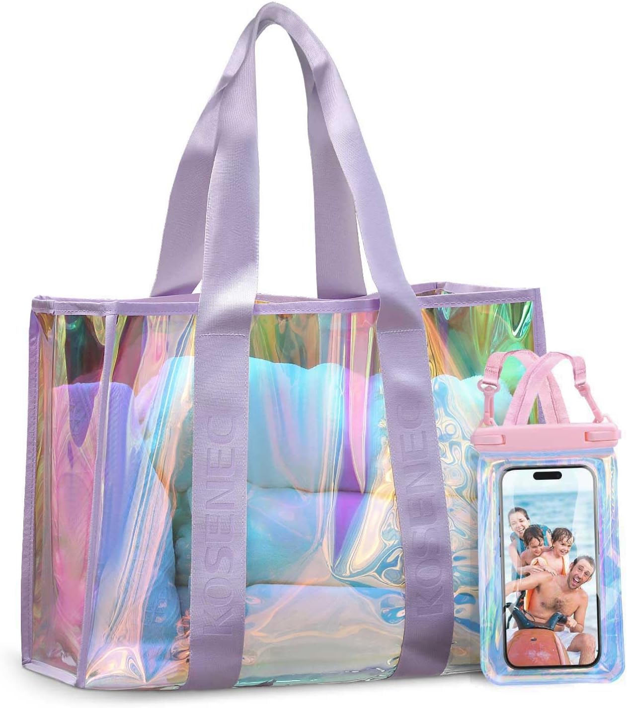 Beach Bags for Women, 30L Large Iridescent Clear Tote Bag, Sandproof & Waterproo...
