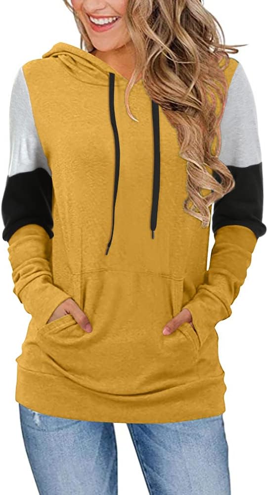 CATHY Women's Casual Drawstring Pullover Tunic Top Long Sleeve Color Block Hoodi...