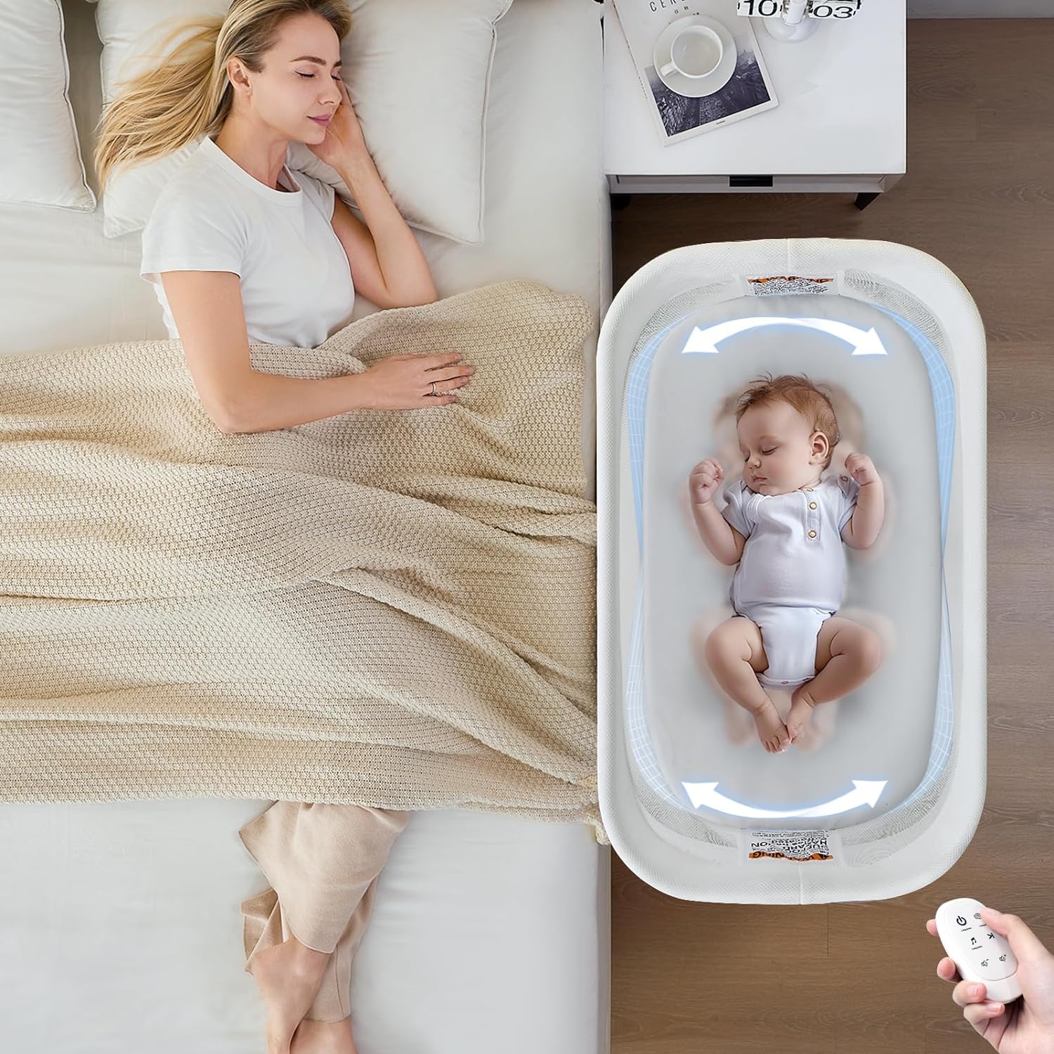 Rocking Bassinet for Baby 3 Speeds, Smart Motion Detection, Electric Bedside Sle...