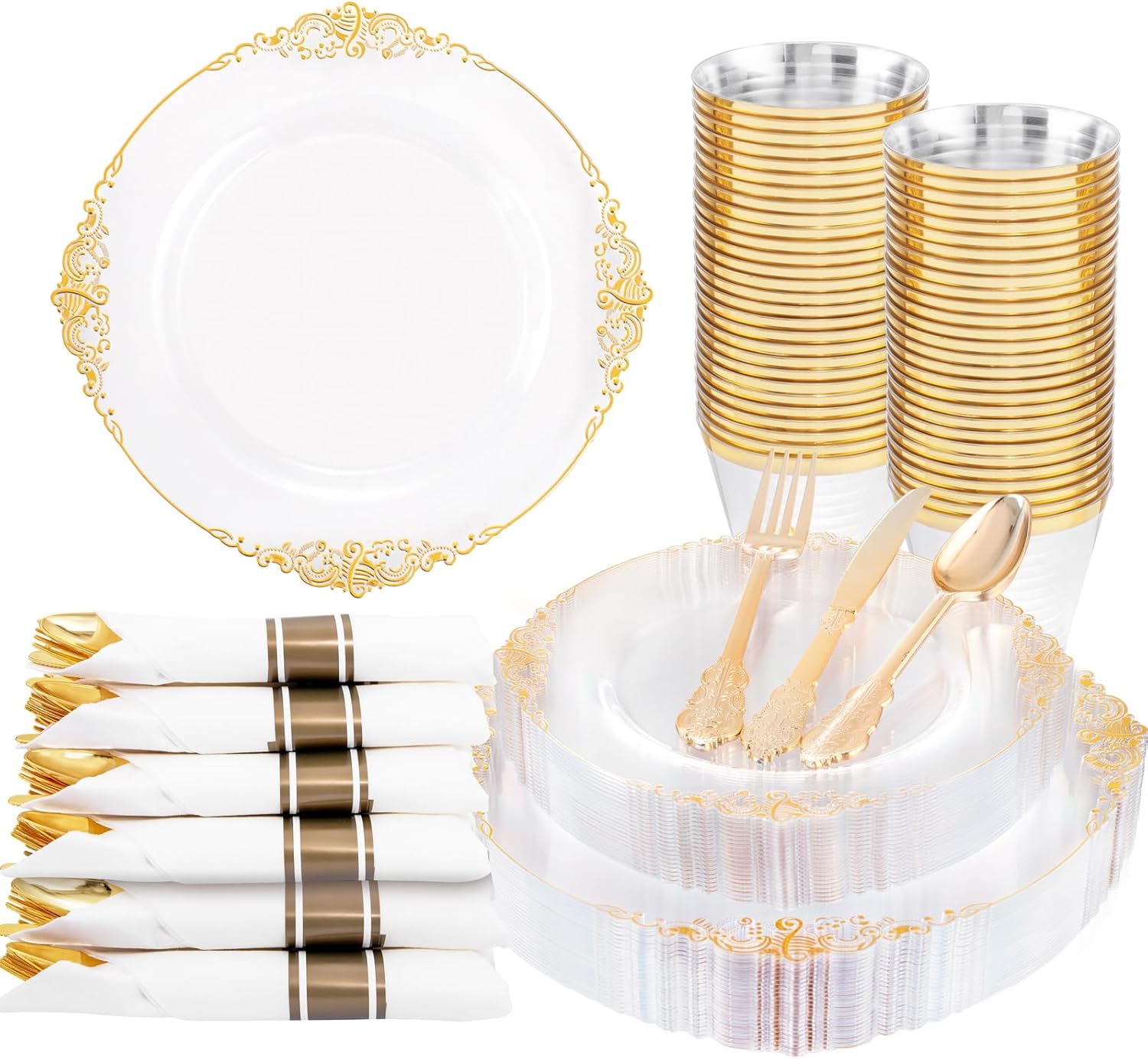 Nervure 175PCS Clear Gold Plastic Plates - Disposable Gold Party Plates & Pre Ro...