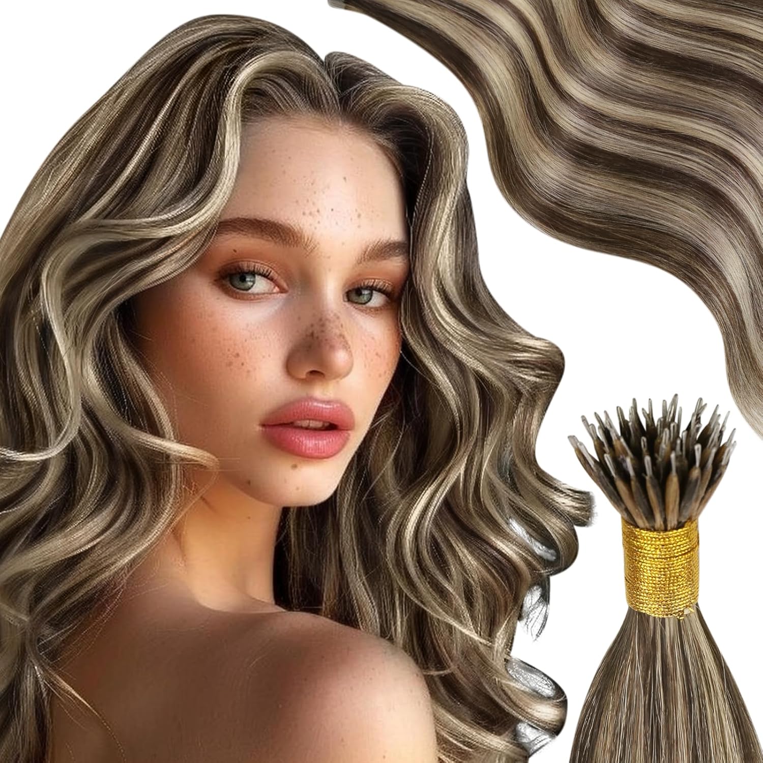 Moresoo Nano Hair Extensions Real Human Hair Dark Brown with Platinum Blonde Nan...