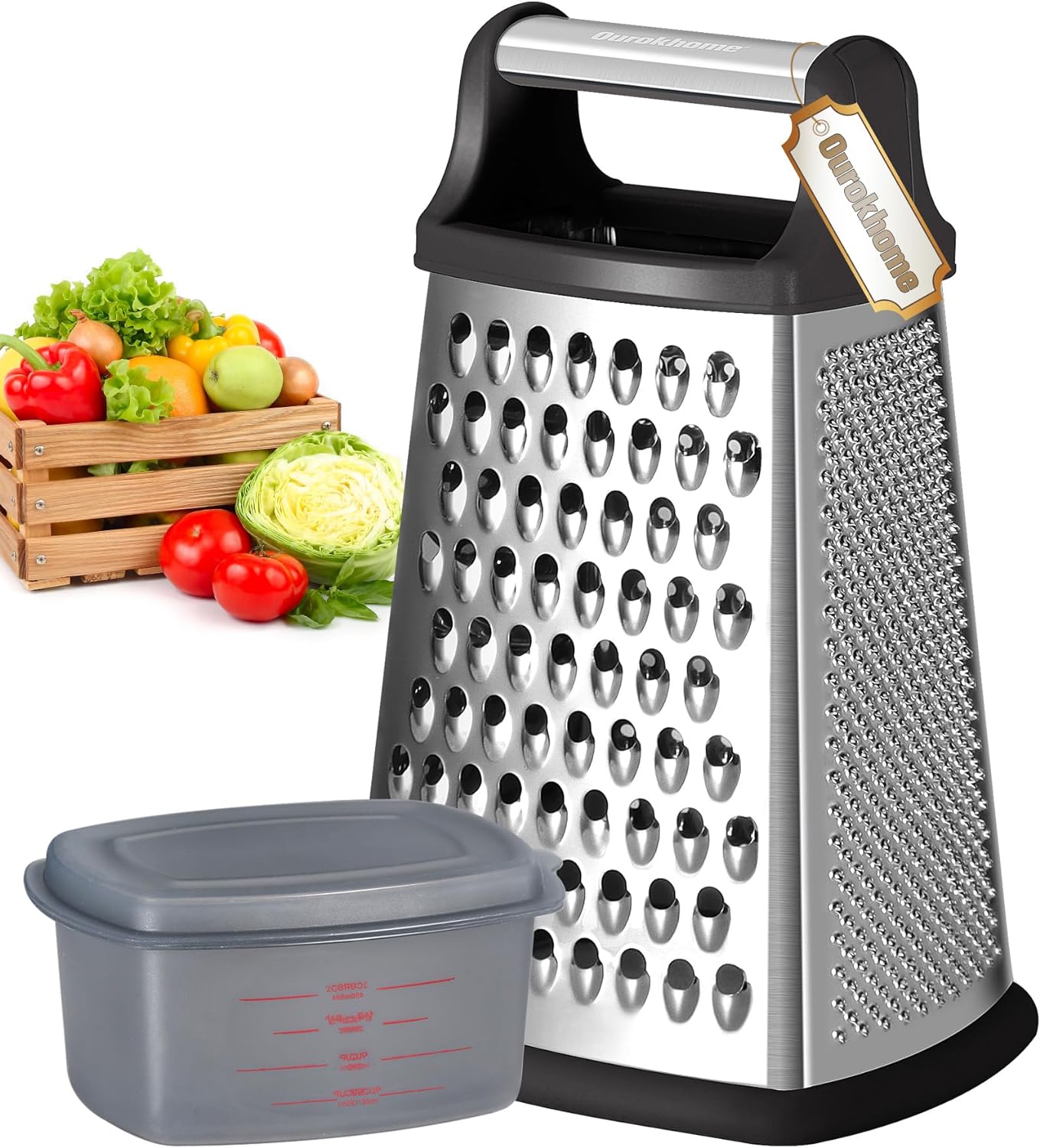 Ourokhome Cheese Grater with Handle, Stainless Steel Box Grater, 4 Side Kitchen...