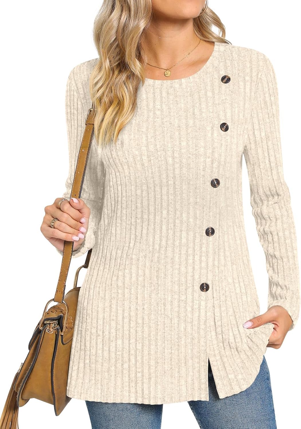 TAOHUADAO Women's Long Sleeve Jumpers Crewneck Tunic Tops with Button Sides Loos...